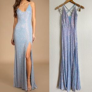Chic Glam Light Blue Sequin Lace-Up Mermaid Maxi Dress.Wedding guest/bridesmaid